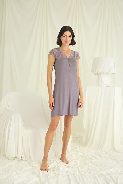 MONAMİSE Gray Lace Button-Down Nightgown, Women's Short-Sleeved Viscose Home ...
