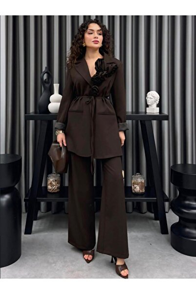 DEMOİSELLE Women's Rose Accessory Detailed Blazer Suit Stylish and Elegant