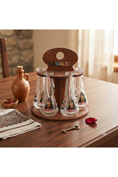 LimArt Set 6 pahare toi pentru tuica 100 ml, cu suport decorativ din lemn Rom...