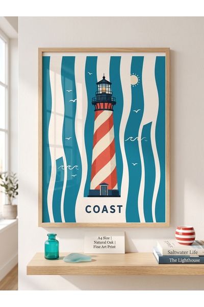 DEKORASOR Deniz Feneri İllüstrasyon Tablo - "Coast" Yazılı Retro Marin Ahşap ...