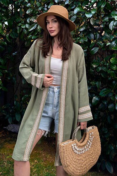 Moda4x4 ملابس نسائية من قماش الكاكي الموسلين، سترة كيمونو فضفاضة بتفاصيل شريط...