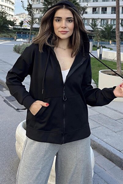 Moda4x4 Women's Clothing Black Hooded, Zippered, Pocketed, Regular Cut Sweats...