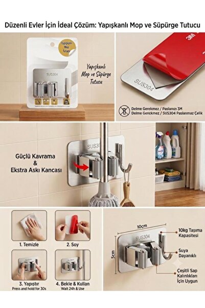 abnturk Paslanmaz Çelik SUS304 Yapışkanlı Mop Ve Paspas Tutucu Kancalı Süpürg...