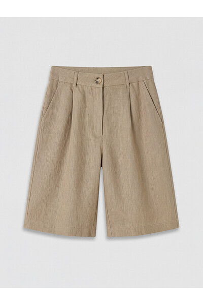LC Waikiki Nevavm High Waist 100% Linen Women's Pleated Shorts with a Differe...