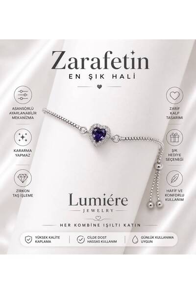 LUMİERE Silver Mor Kalp Taşlı Asansörlü Paslanmaz Çelik Bileklik | Zirkon Taşlı | Ayarlanabilir |