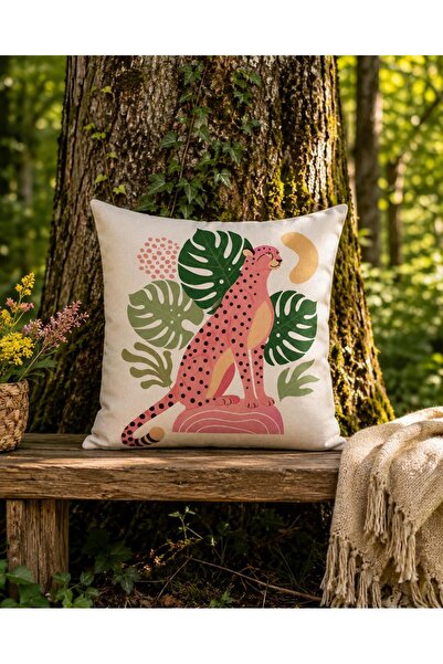 R-EYLA Reyla Forest Pink Leopard Patterned 45X45 cm Throw Pillow Cover Digita...