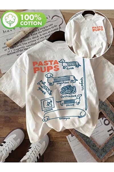 AEMİ Unisex Pasta Pups Printed Oversize Crew Neck T-Shirt