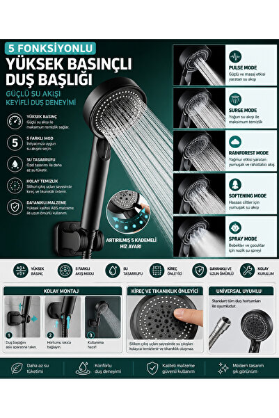 FTA TİCARET 5 Fonksiyonlu Yüksek Basınçlı Duş Başlığı | Su Tasarruflu Basınç ...