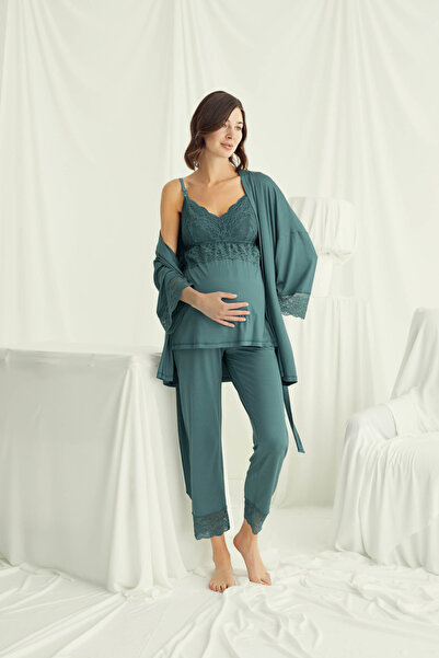 MONAMİSE Dantelli Hamile Lohusa 3'lü Pijama Takımı