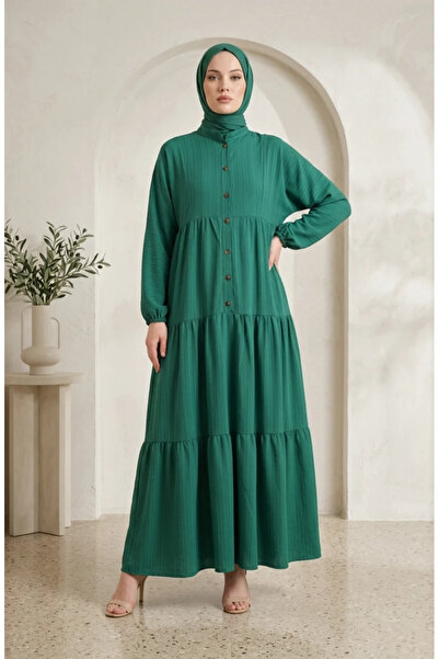 sefamerve Half Button Layered Hijab Dress 2293-04 Green
