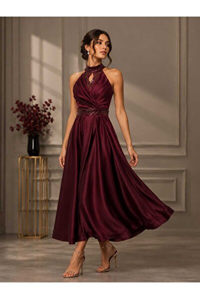 hawaa closet فستان نسائي ميدي بلون عنابي فاخر