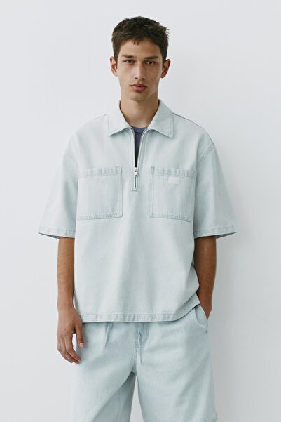 Pull & Bear Fermuarlı denim polo t-shirt