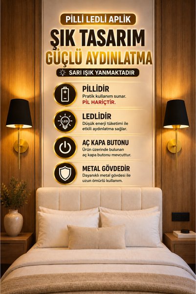VENON LUXEL Ledli Pilli Aplik || ESKİTME GÖVDE || SİYAH ŞAPKA || Ledli Aplik Duvar Aplik Duvar Aydınlatma || TAK ÇALIŞTIR || ✨PİL HARİÇTİR || Aç Kapa Butonlu Aplik || KABLOSUZ Aplik Salon Aydınlatma Yatak