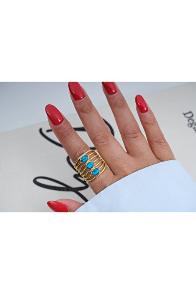ATELİER TUĞBA Yzk643 Turquoise Stone Multi-Row Bohemia Adjustable Ring Gold