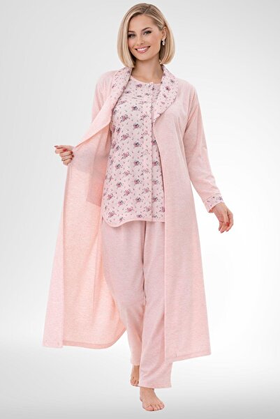 Mecit Pijama Mecit 6317 Powder Women's Plus Size Buttoned Pajama Set with Robe