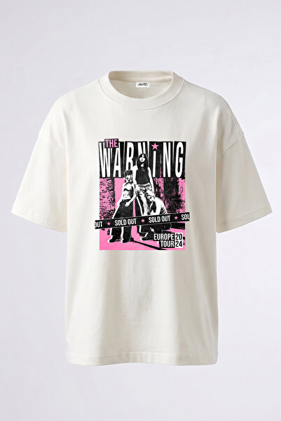 Anetos The Warning Design Printed Oversize White T-Shirt
