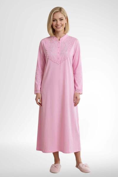 Mecit Pijama Mecit 6376 Pink Women's 100% Cotton Long Sleeve Nightgown