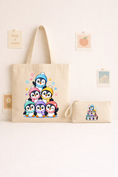 Maki Craft DTF Baskılı Sevimli Penguenler Bez Çanta ve Fermuarlı Kalemlik Set...
