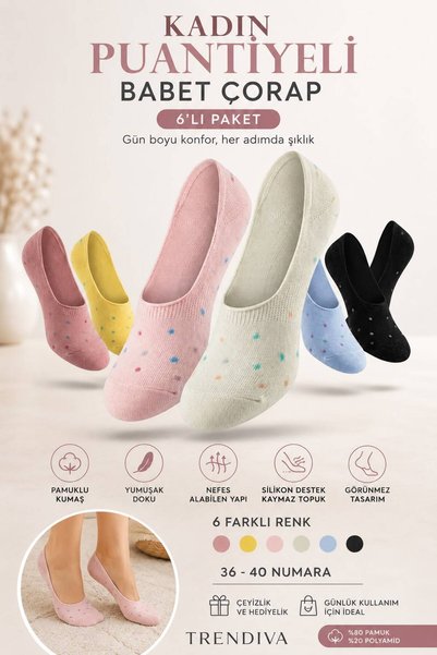 TUTKU PLUS Women's Cotton Polka Dot Ballerina Socks 6-Pack |   Invisible Silicone Non-Slip Ballerina Socks Size 36-40
