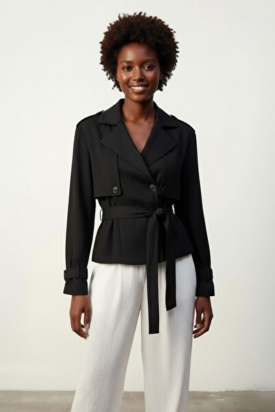 Nostos Algos Black Belted Satin Trench Coat