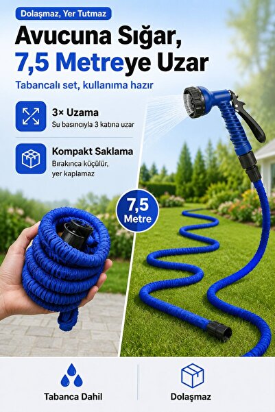 Evgereçlerim Uzayan Bahçe Hortumu 7.5 Metre Tabancalı Sulama ve Araç Yıkama H...