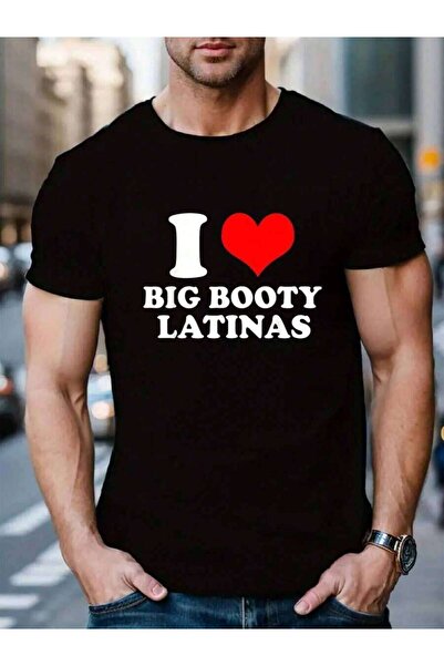KYMC07 تي شيرت رجالي أسود قطني 100% بتصميم I Love My Big Booty Latinas وقلب أ...