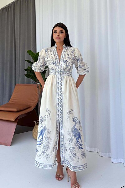 Mine Tan Butik فستان نسائي بأكمام قصيرة وياقة على شكل حرف V مزين بالزهور
