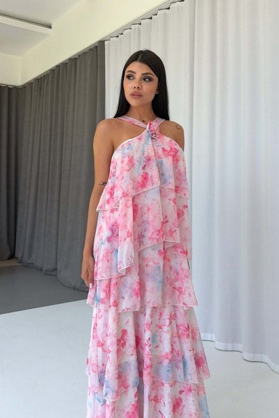 Mine Tan Butik Rochie de damă cu detalii florale și trandafiri la gât - Roz
