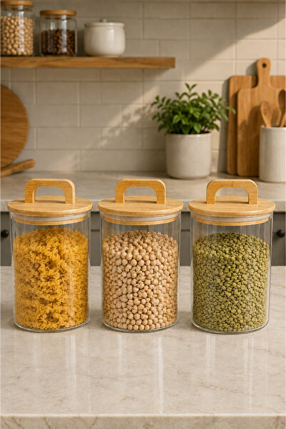Fhilli Aria- 3-Piece Borosilicate Jar with Bamboo Lid 900 ml Striped