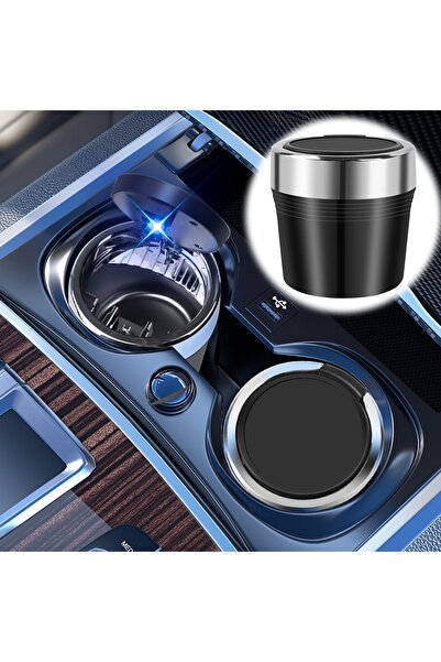 Modifiyum Siyah Mini Araç İçi Küllük Metal Hazneli Mavi Işıklı basmalı Kapakl...
