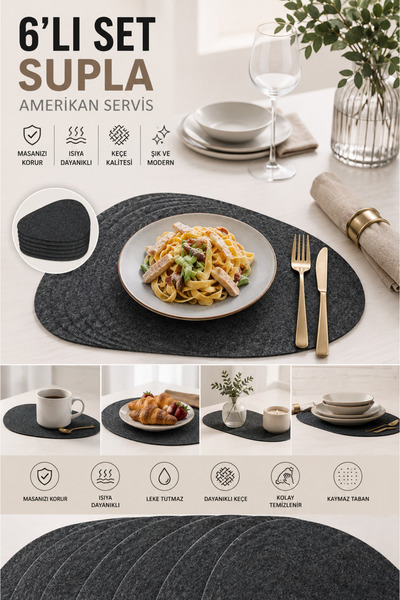 OgMiva 6'lı Premium Keçe Supla Amerikan Servis 32x40 cm Isıya Dayanıklı Leke ...
