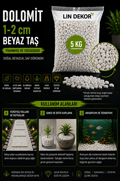 Lin Dekor Beyaz Dolomit Taş 5 Kg 1-2 Cm Dere Çakıl Taşı Saksı Taşı Akvaryum T...