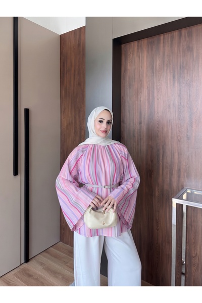 Trend Paris Digital Printed Tulle Modal Bat Sleeve Blouse Pink