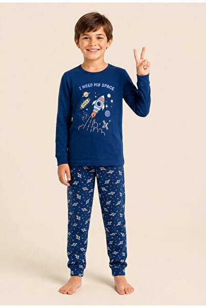 BAYKAR Boy's Cotton Crew Neck Space Printed Long Sleeve Pajama Set 9662 Navy ...