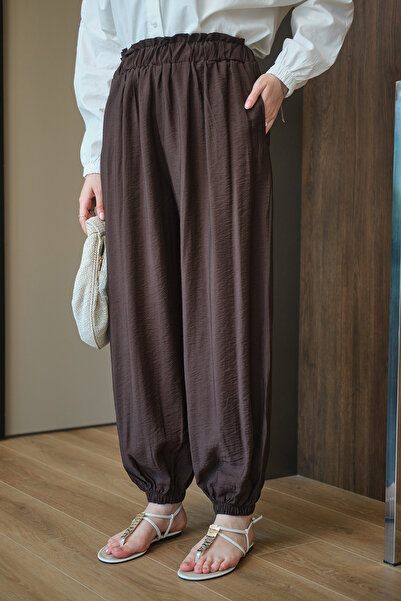 LOCCO Women's Elastic Waist and Cuffs Double Pocket Detail Modal Trousers Brown