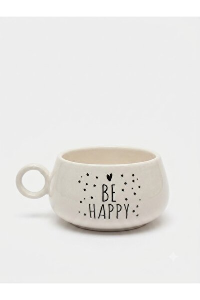 PALTO TASARIM Be Happy Printed Handmade Cream Glossy Luna Mug - Handcrafted G...