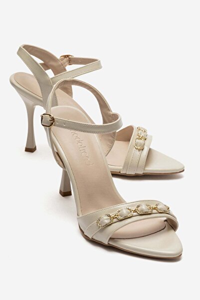 CCWAY AYAKKABI Women's Stoned Single-Heeled Sandals Beige Crinkled