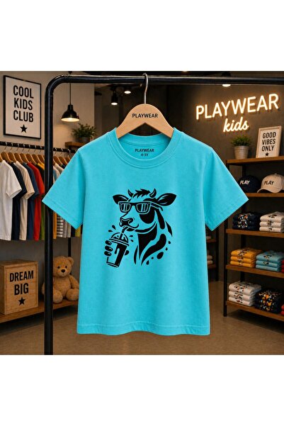 playwear Shadow Milk-Drinking Cow Printed 100% Children's Unisex T-Shirt 5 6 ...