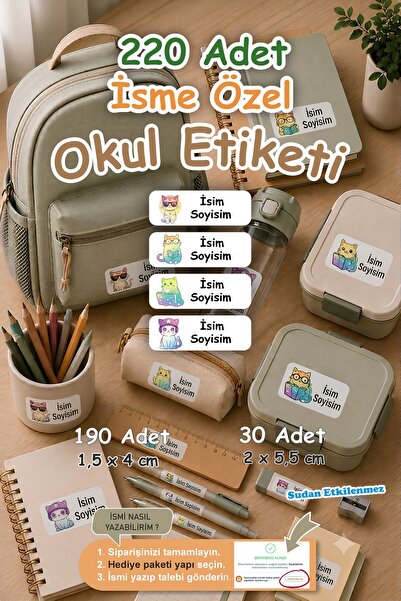 Grafikup 220 Adet İsme Özel Sevimli Kediler Okul Etiketi - Kalem Defter Suluk...