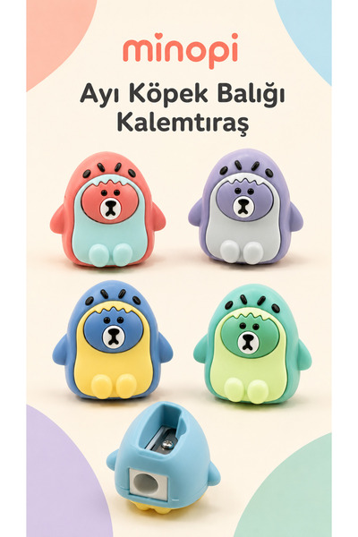 Minopi Sevimli Köpek Balığı Ayı Desenli Çift Hazneli Renkli Kalemtıraş Karışı...