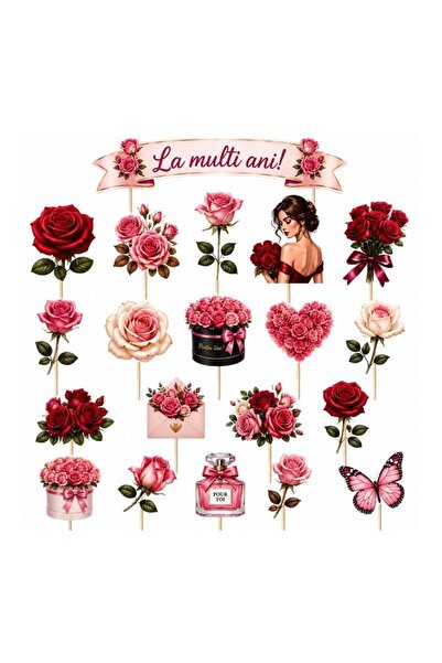 DecoParty Set de decorațiuni pentru tort – Tema ROZURI V2, 20 de piese, Carto...