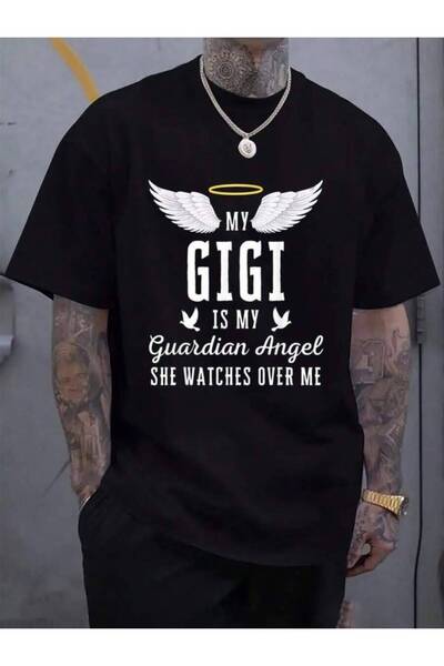 KYMC07 تي شيرت رجالي أسود للعطلات من القطن 100% بطبعة "Is My Guardian Angel I...