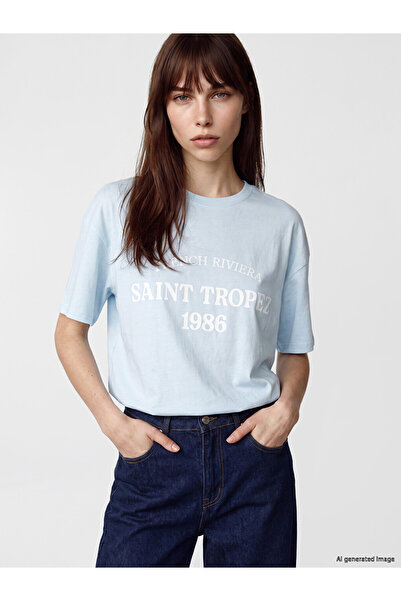 LC Waikiki Blue Saint Tropez Printed 100% Cotton Women's T-Shirt