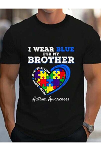 9TAY تي شيرت من القطن بنسبة 100% بطبعة I Wear Blue For My Brother Autismc Awa...