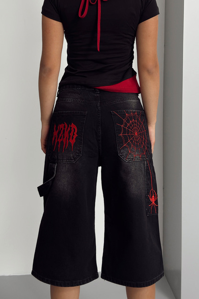 GRİİ WEAR شورت برمودا من الدنيم الفضفاض بطبعة عنكبوت للجنسين