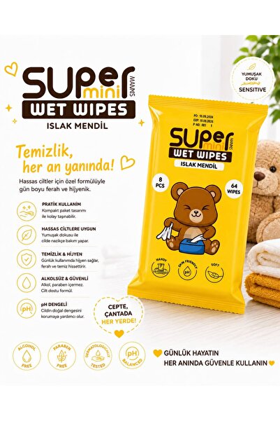 super mini wet مناديل مبللة صغيرة الحجم 8 قطع × 8 عبوات 64 قطعة لا تحتوي على ...