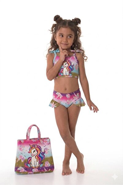 trandbaby Kız Çocuk Baskılı Bikini Mayo Ve Çanta Seti 3 lü Plaj Kombini