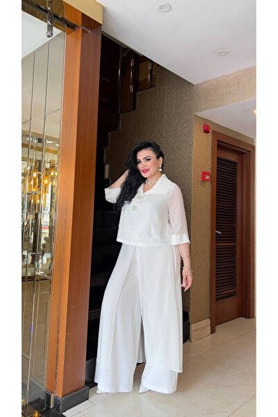 mardi exclusive طقم نسائي مقاس كبير من قميص وبنطلون من الساتان الشيفون مزين ب...