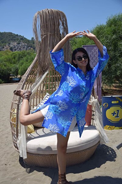 Mercan Desenli Mavi Tülbent Gömlek Kimono