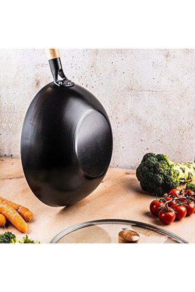 NO BRAND Wok cu capac 30 cm, Oțel carbon, Strat antiaderent din marmură